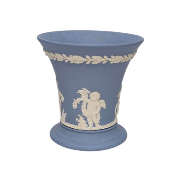 Vtg Wedgewood Jasperware Trumpet Vase Blue Neoclassical Raised Relief 3.5" - Picture 11 of 14